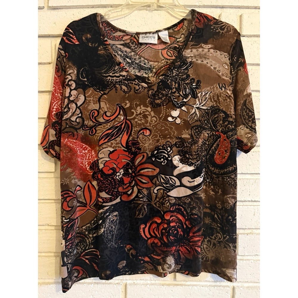 Chico's Travelers 2 Short‎ Sleeve Top Floral Black Tan Slinky Size Large/12